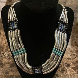 Silver and Green Multi-Strand Necklace with Layered Design